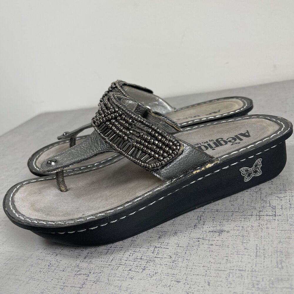 Alegria Car 204 Beaded‎ Leather Comfort Slide Thong Sandals Eu 38 US 7.5 Silver